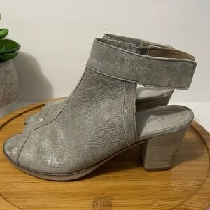 Gabor Gray Metallic Leather Ankle Boots Women's 5.5 Moto Chic Block Heel Bootie
